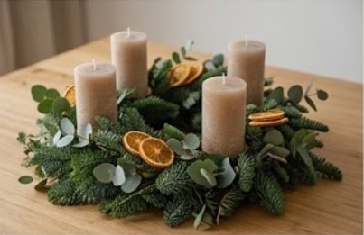 Adventskranz mit Tanne, Eukalyptus, getrockneten Orangen und vier Kerzen
