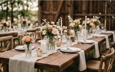 Festlich gedeckte Holztafel mit Blumen in Pastelltönen und Kerzen