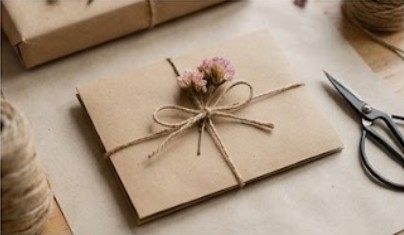 Gutschein-Umschlag aus Kraftpapier mit Juteschleife und Trockenblumen