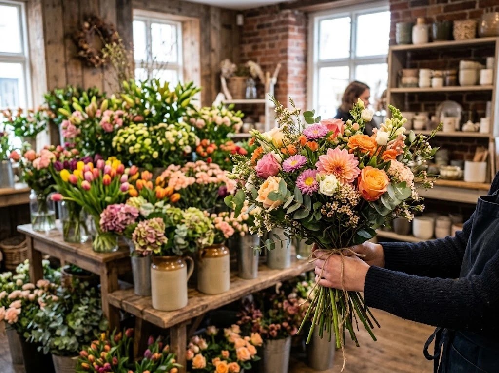 Floristin hält einen frisch gebundenen Strauß im Blumenladen