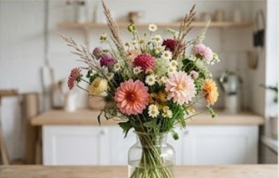 Bunter Strauß mit Dahlien, Kamille und Gräsern in einer Glasvase